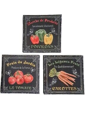 Vintage Style French Vegetable Canvas Wall Art Set Of 3 Chalkboard Farmhouse 12"